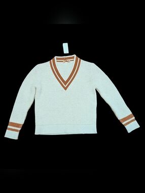 Tory Burch Cream V-Neck Sweater with Orange Stripe Trim Flawed See Discription